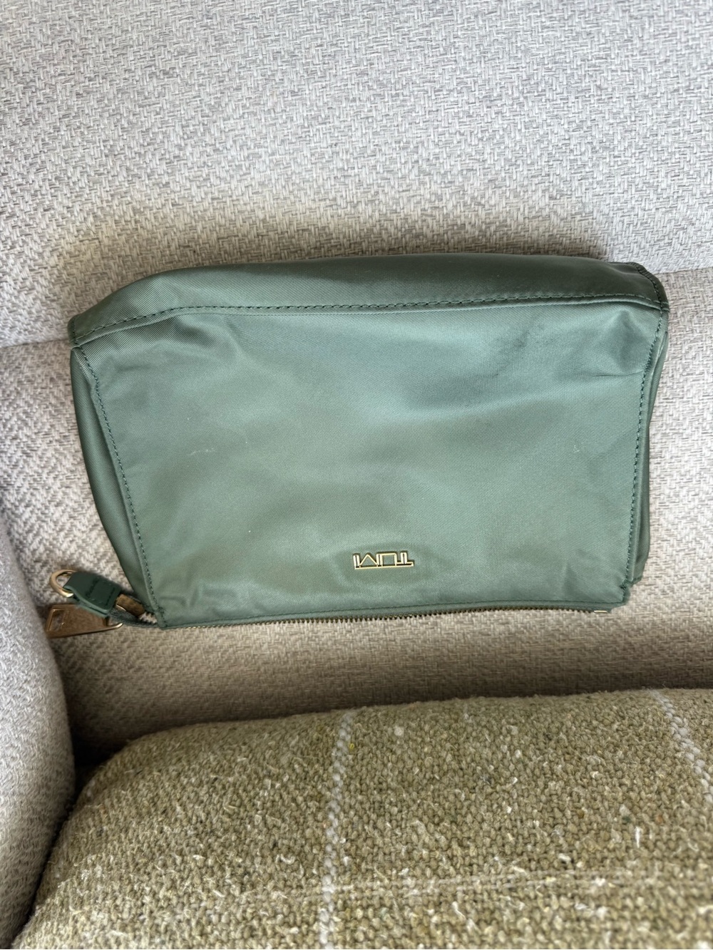 Tumi Olive Green Nylon Zip Pouch with Gold Logo